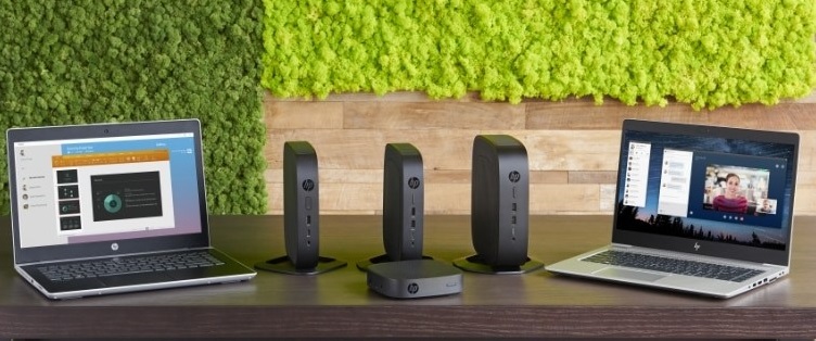 Family image of the entire HP Thin Client portfolio including mobile and desktops